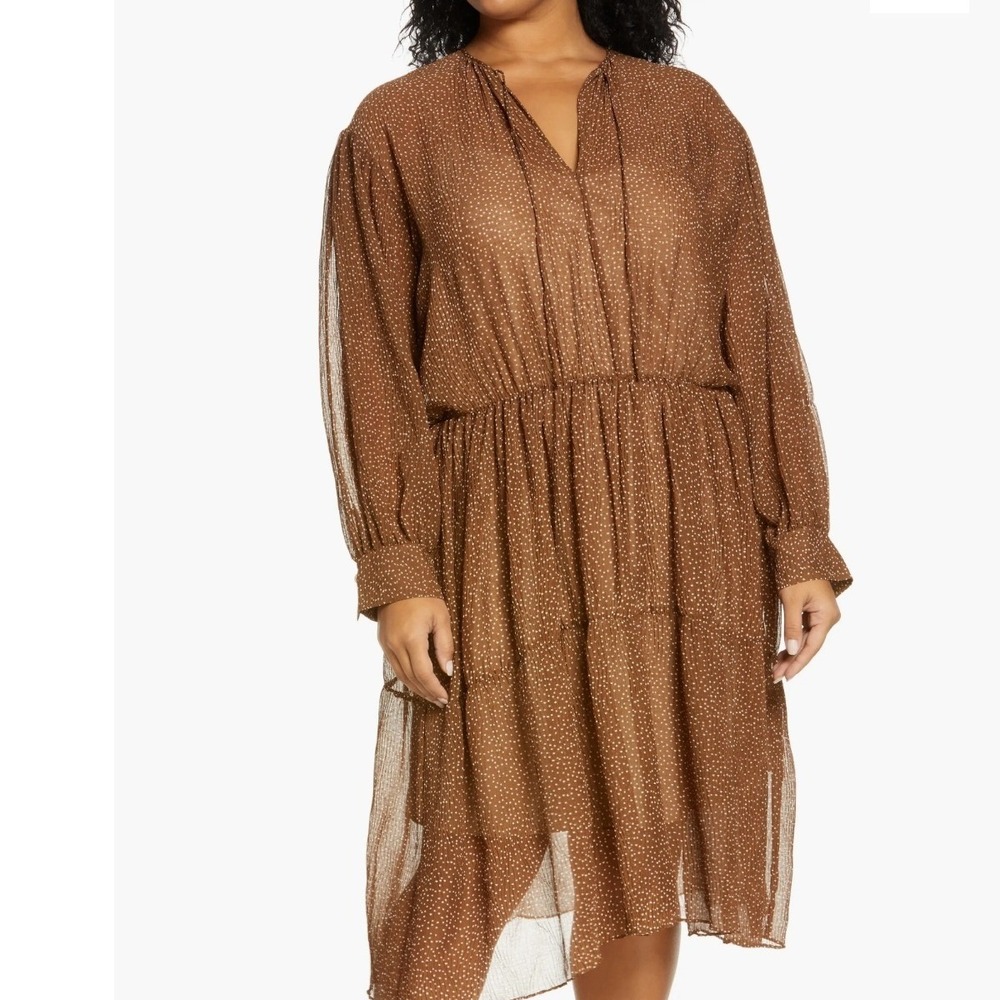 Vince Brown Polka Dot Tiered Midi Dress Long Sleeve 6907120 NEW